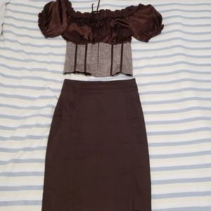 Bebe Brown blouse n skirt set